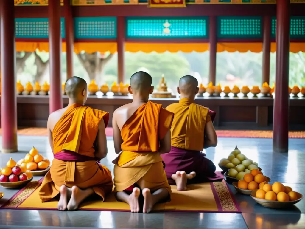 Grupo de monjes budistas en un templo, realizando rituales de ofrenda de alimentos