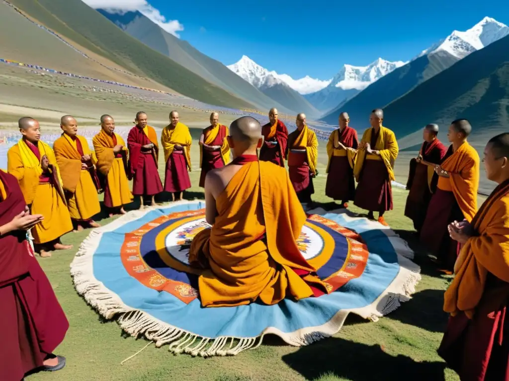 Grupo de monjes budistas tibetanos en saffron realizando rituales de iniciación bajo los Himalayas