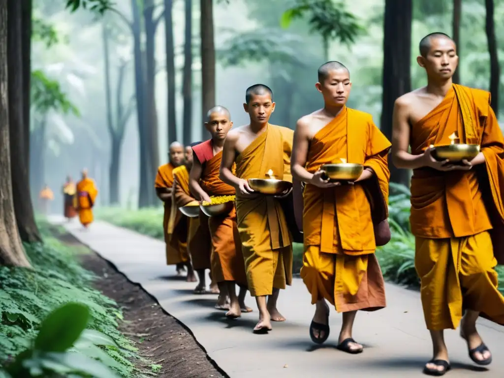 Grupo de monjes budistas en tradicional Ceremonia AlmsRound, caminan en fila por el exuberante bosque, exudando humildad y espiritualidad