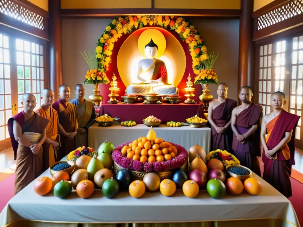 Un grupo de monjes y practicantes budistas se reúnen alrededor de un altar decorado con ofrendas de frutas, flores y otros alimentos