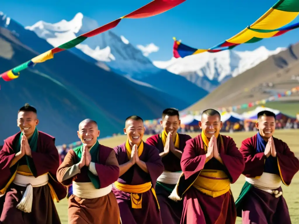 Grupo de monjes tibetanos danzando en el festival Losar, con montañas nevadas y banderas de oración