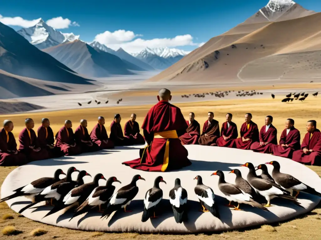 Grupo de monjes tibetanos realizando un ritual funerario en la montaña, con buitres sobrevolando