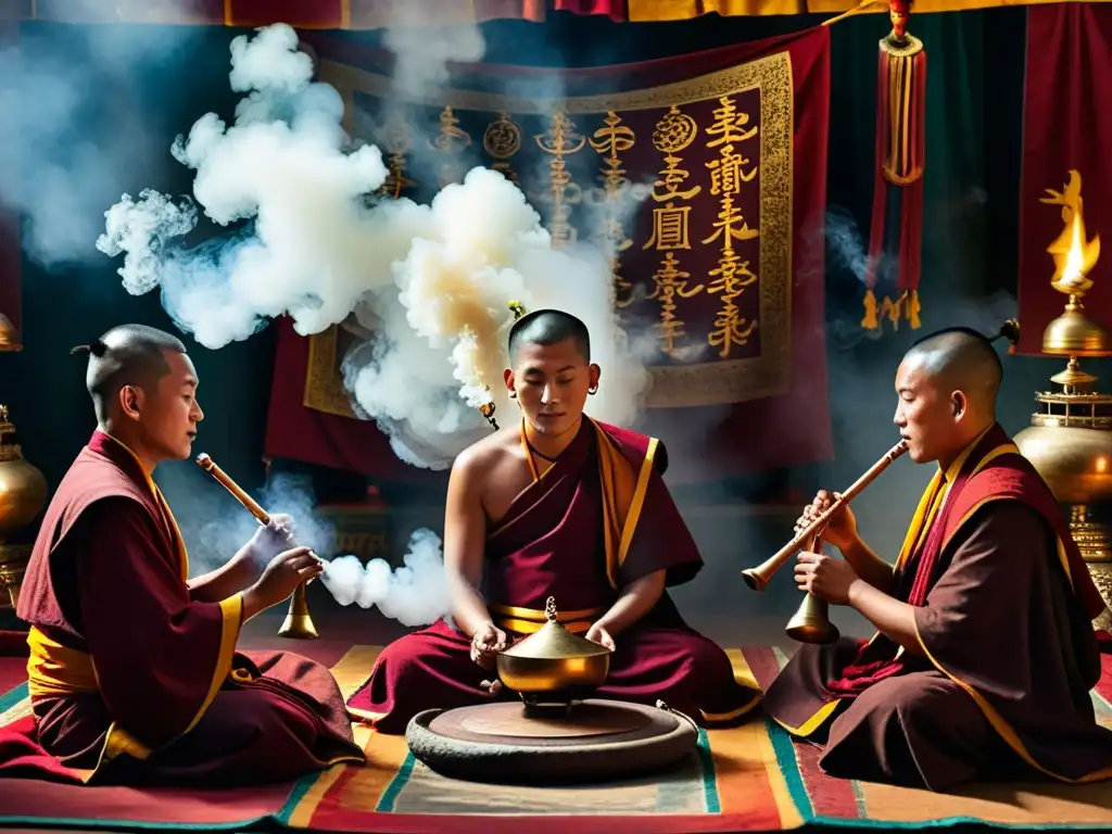 Un grupo de monjes tibetanos realiza un ritual sagrado con instrumentos musicales en un ambiente lleno de misticismo y encanto