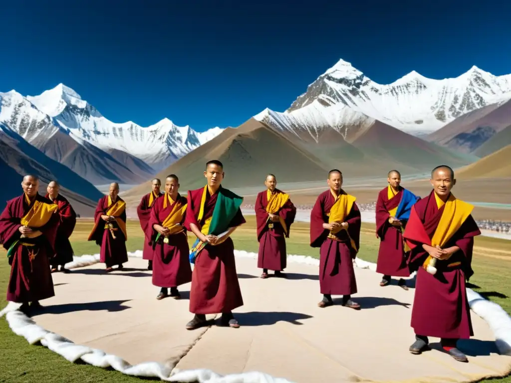 Un grupo de monjes tibetanos realiza rituales de Año Nuevo Tibetano, con vestimenta tradicional y paisaje montañoso nevado de fondo