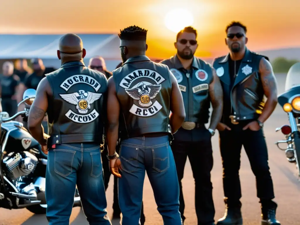 Grupo de motociclistas en rituales de hermandad, brindando con cerveza al atardecer entre sus motos