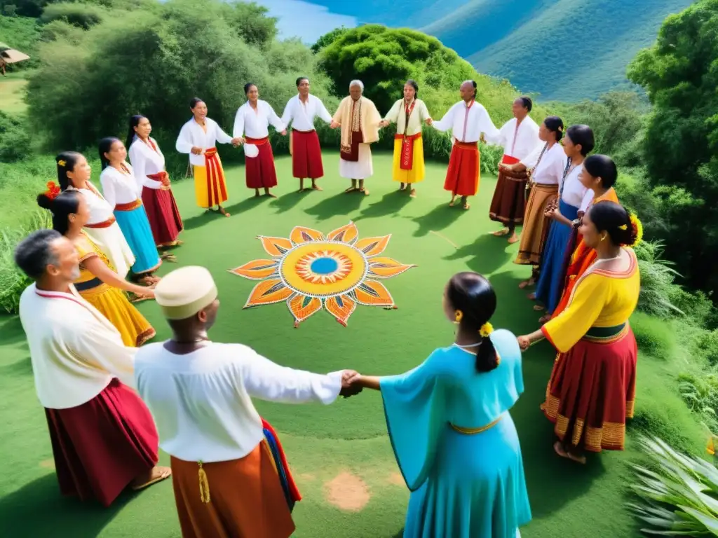 Grupo en movimiento ritual para conexión ser, danza tradicional en la naturaleza, unidos y coloridos