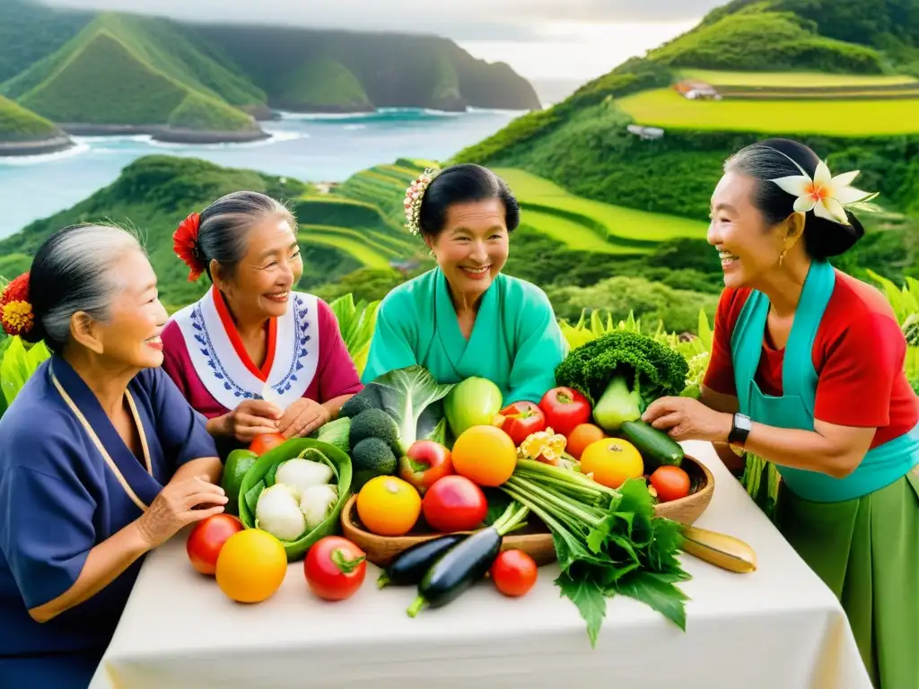 Grupo de mujeres ancianas de Okinawa disfrutan de una colorida reunión alrededor de una mesa decorada con vegetales, frutas y pescado fresco