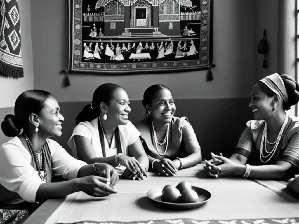 Grupo de mujeres en atuendo tradicional disfrutando de una animada conversación en una escena rica en tradición y camaradería