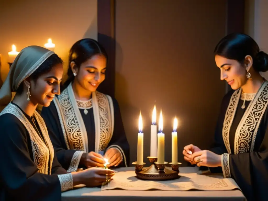 Grupo de mujeres en atuendo judío tradicional encendiendo velas de Shabat en una habitación tenue, evocando las antiguas tradiciones de Kabalat Shabat