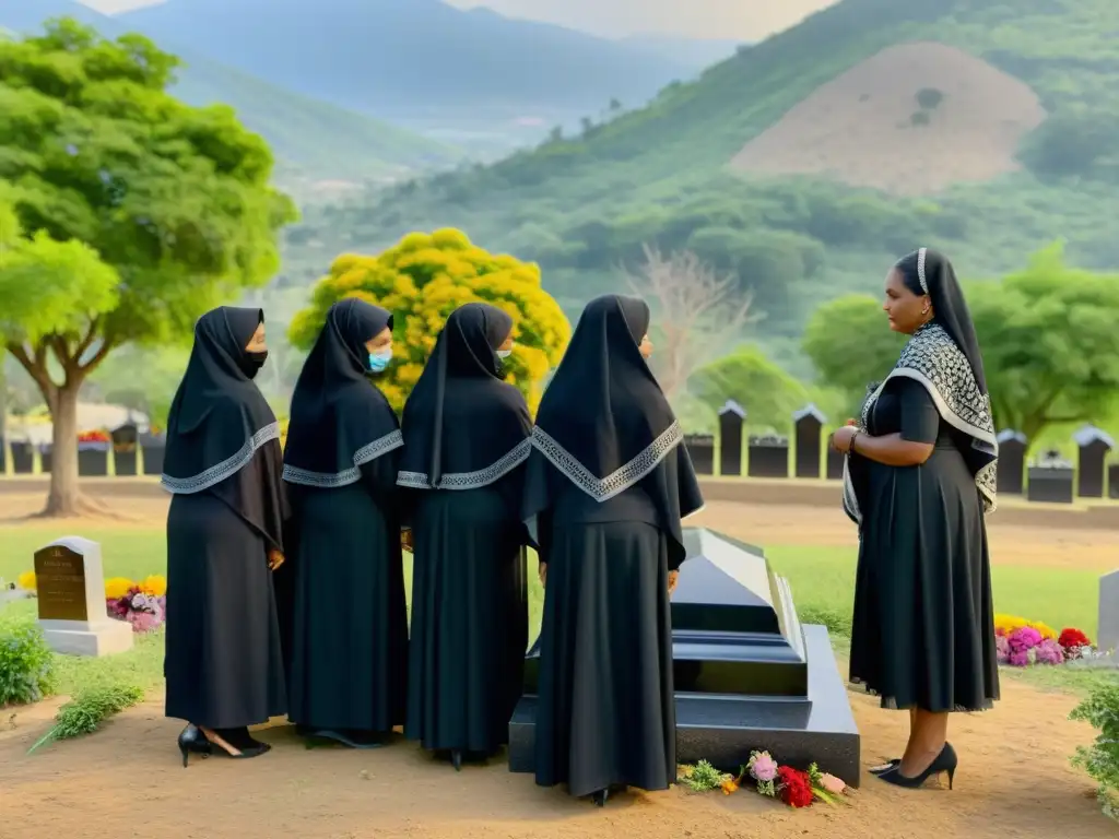 Un grupo de mujeres viste atuendos tradicionales de luto alrededor de una tumba, mostrando un contraste conmovedor entre sus expresiones sobrias y los colores vibrantes de sus vestimentas