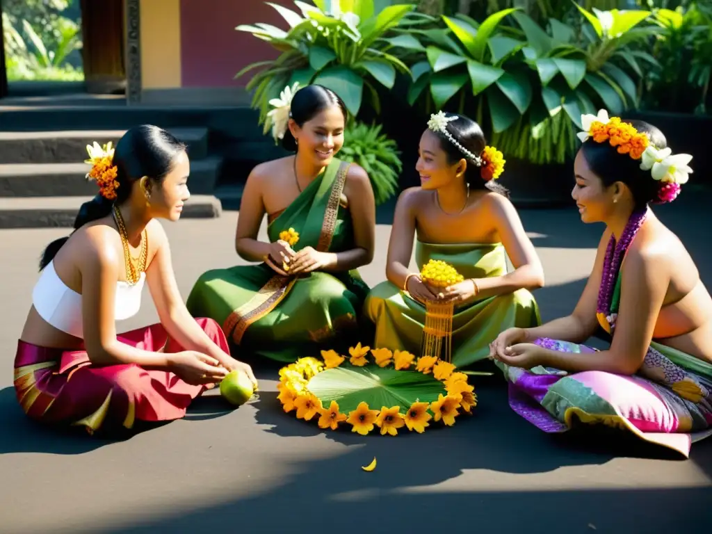 Grupo de mujeres balinesas en ceremonia de sanación, trenzando arreglos florales en un ambiente espiritual y sereno en Bali