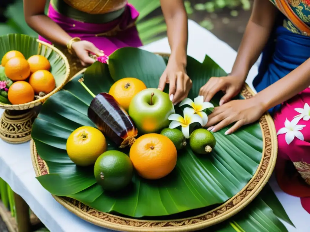 Grupo de mujeres balinesas preparando ofrendas para rituales matrimoniales en la boda balinesa con gran devoción y detalle