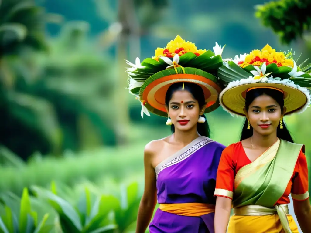 Un grupo de mujeres balinesas en trajes tradicionales coloridos llevando ofrendas en la cabeza para rituales hindúes en Bali