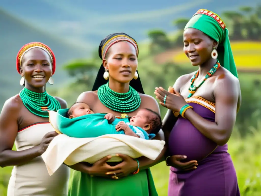 Grupo de mujeres Kikuyu celebrando una ceremonia de nacimiento, ataviadas con joyas y vestimenta tradicional, en un paisaje vibrante