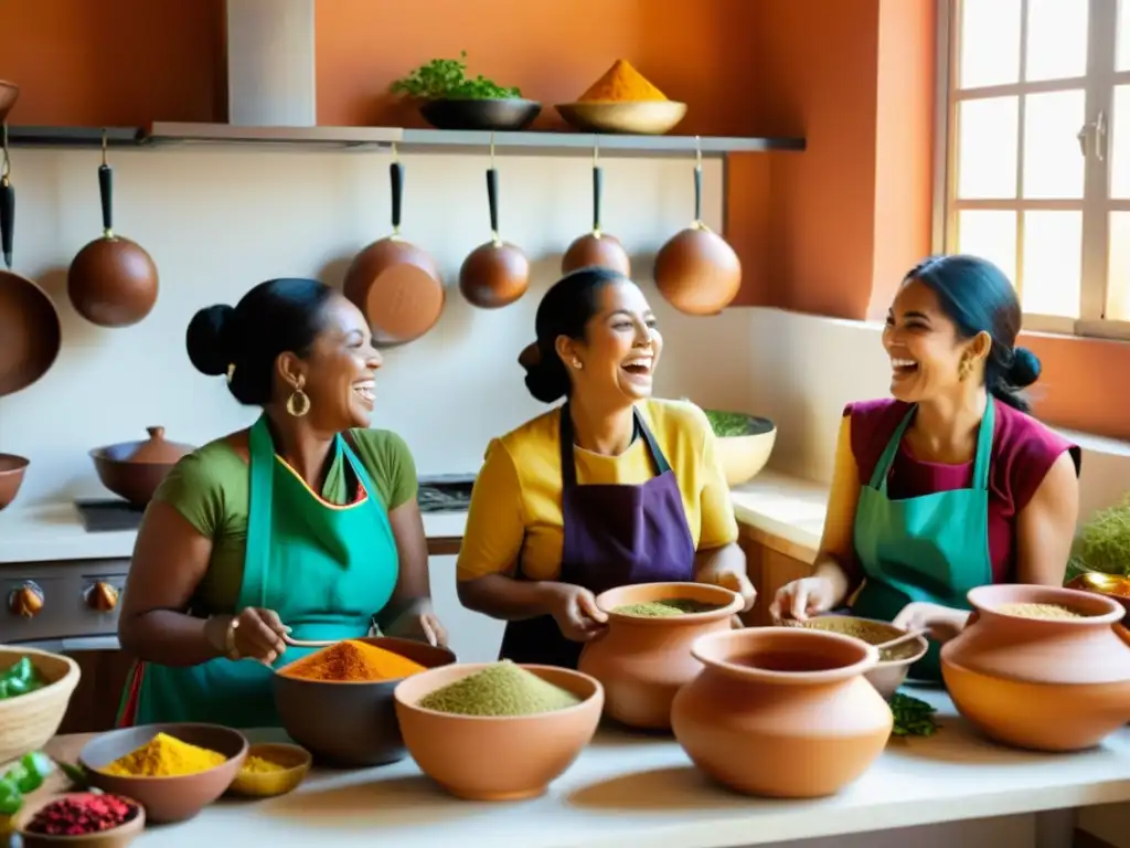 Grupo de mujeres en cocina preparando comidas rituales religiosos con ingredientes coloridos, envueltas en tradiciones y risas