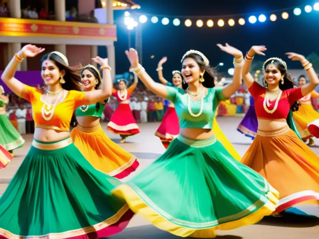 Grupo de mujeres disfrutando la colorida danza Garba durante el Festival Navratri, reflejando devoción hindú y alegría festiva