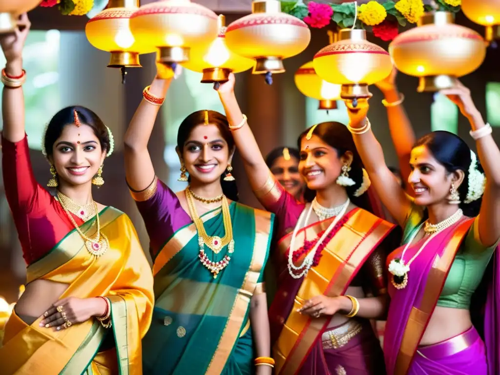 Grupo de mujeres en coloridos sarees y joyas, adorando con devoción durante el festival de Navaratri