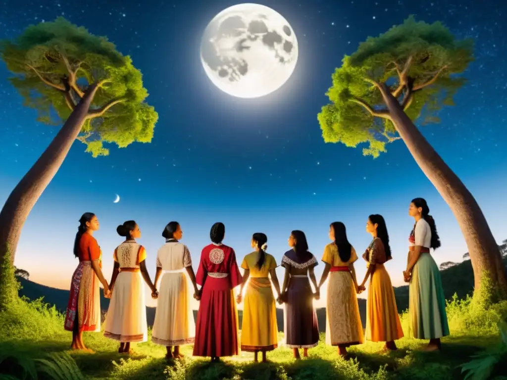 Grupo de mujeres de diversas culturas se reúnen en un claro iluminado por la luna, mostrando la fuerza y los rituales de la Luna en Culturas