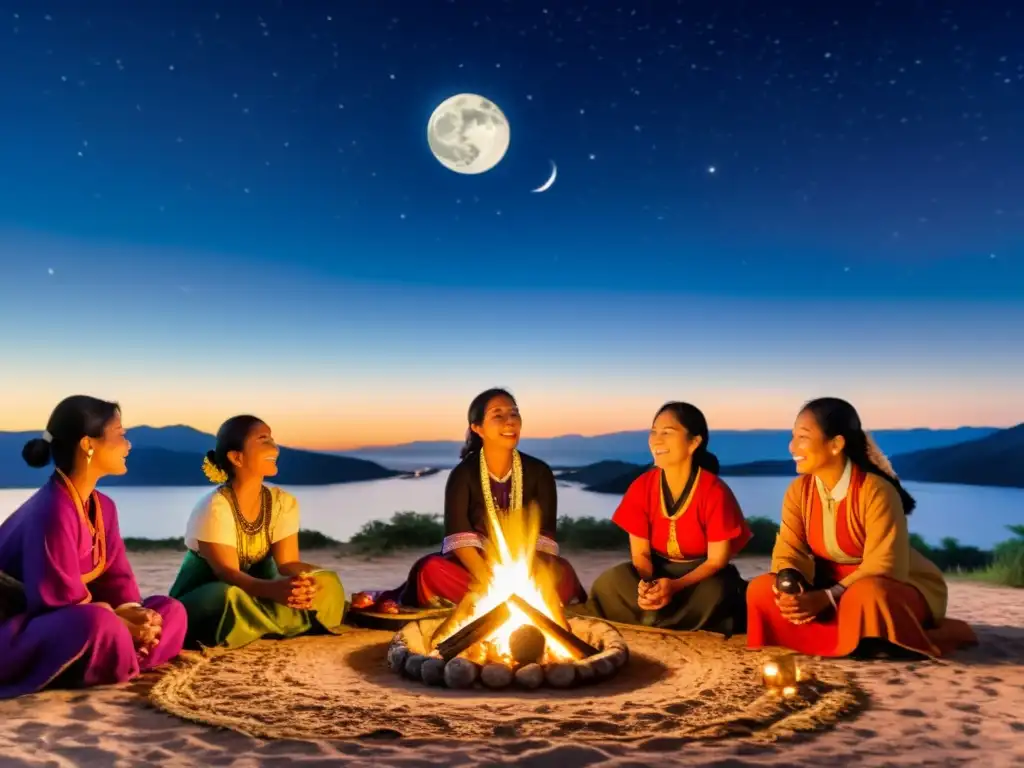 Grupo de mujeres de diferentes culturas realizando rituales de la luna alrededor de un fuego sagrado bajo un cielo estrellado