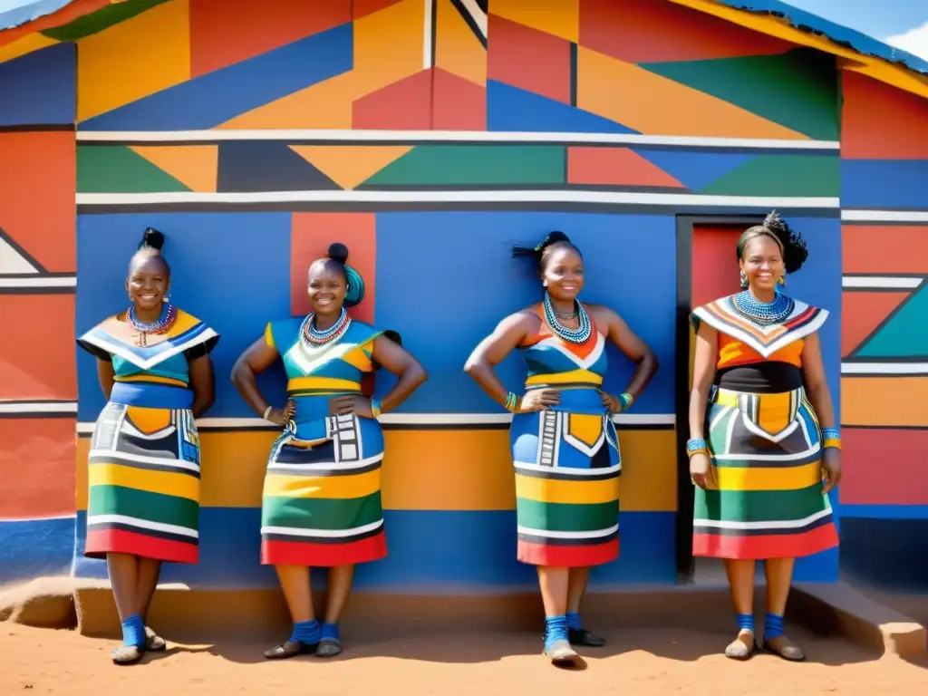 Un grupo de mujeres Ndebele pintando diseños geométricos en una choza de barro, mostrando el orgullo cultural y la maestría artística en los rituales de matrimonio Ndebele