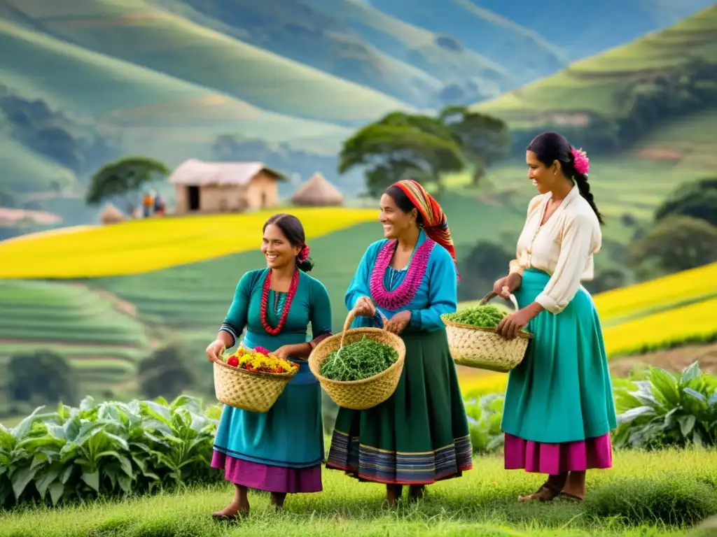 Grupo de mujeres recolectando hierbas y flores en cestas tejidas en un paisaje rural