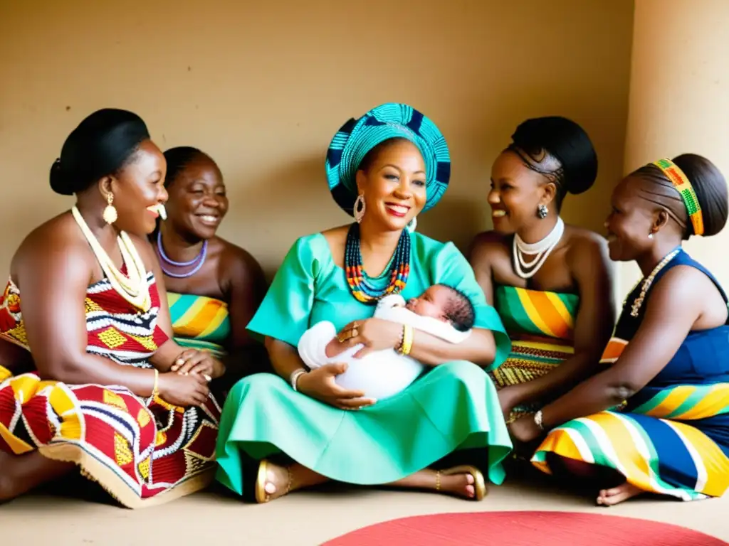 Un grupo de mujeres Igbo participa en la hermosa tradición postnatal de Omugwo, compartiendo sabiduría y tradiciones con una nueva madre y su bebé