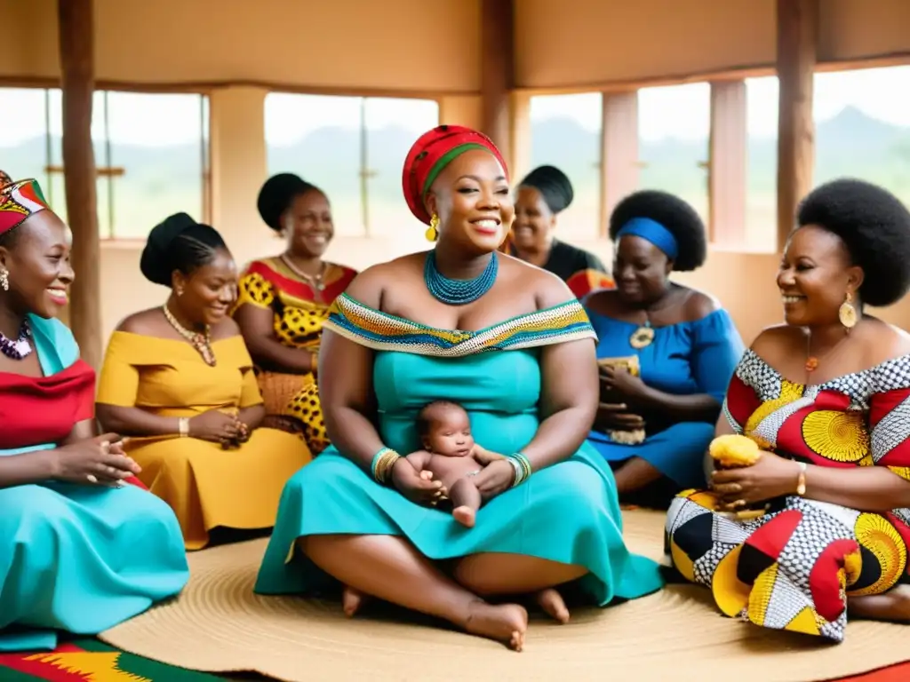 Grupo de mujeres Igbo en tradicional ceremonia postnatal Omugwo, crían a bebés con amor rodeadas de colores y artesanía