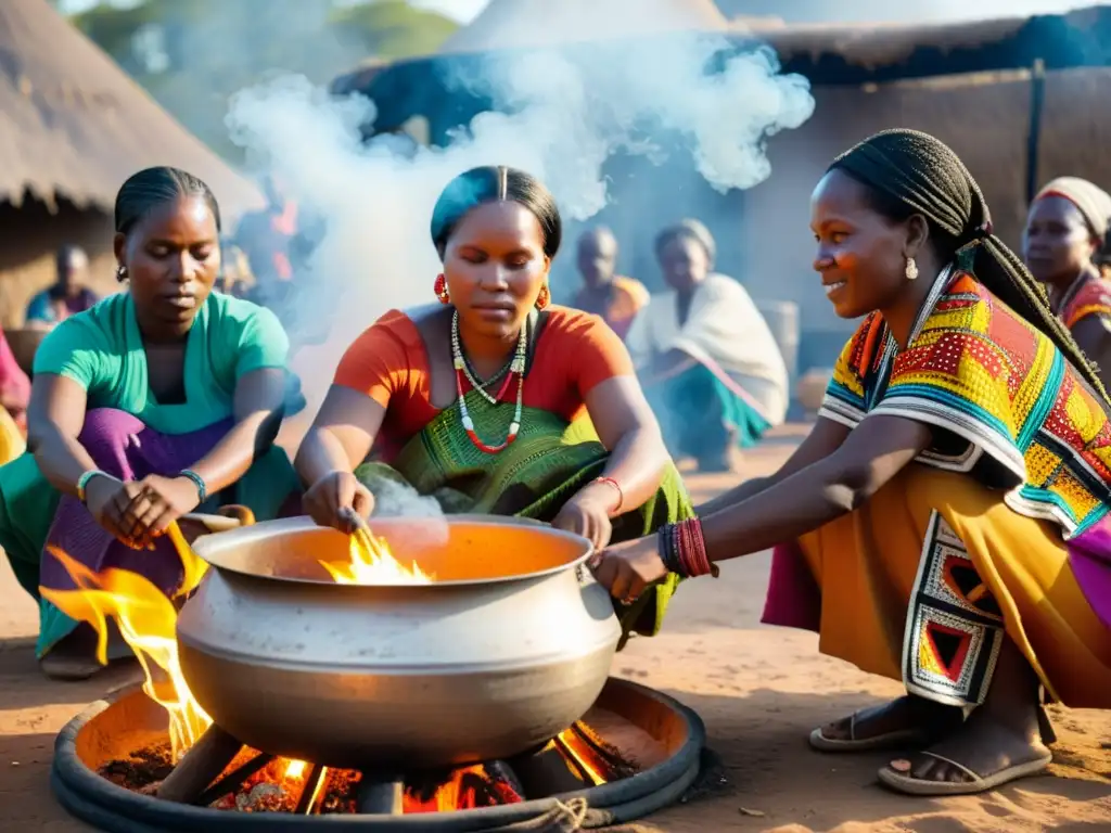 Un grupo de mujeres indígenas africanas preparando una receta ritual indígena en un ambiente cálido y tradicional