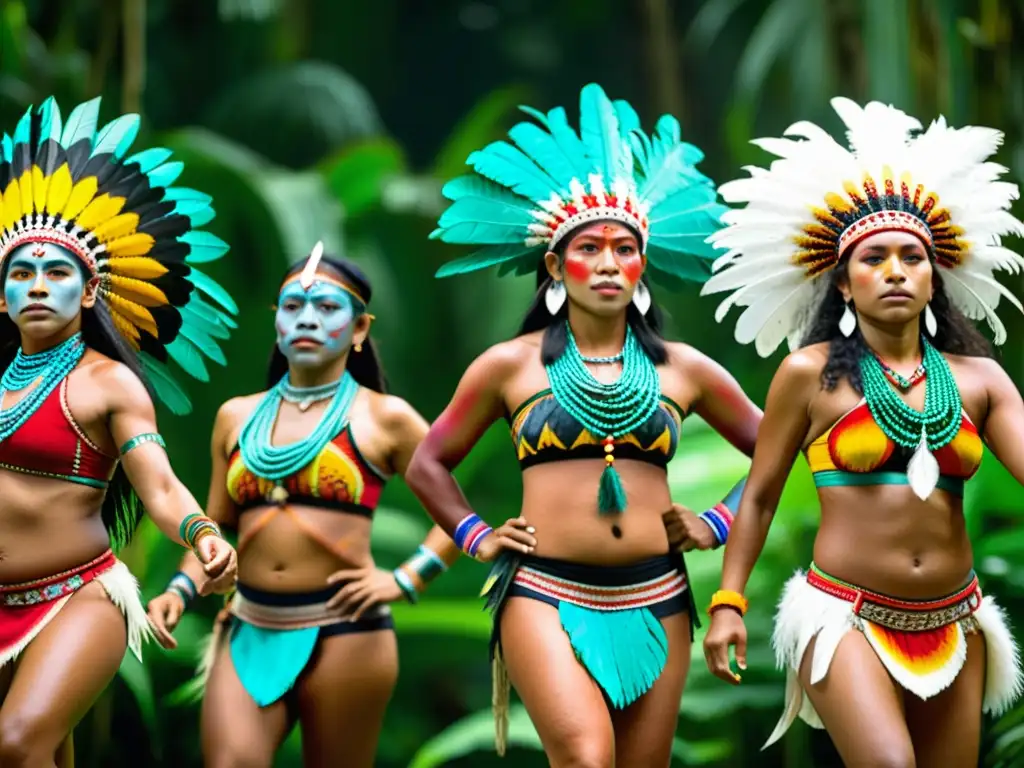 Grupo de mujeres indígenas amazónicas danzando con textiles ceremoniales indígenas amazónicos en la selva