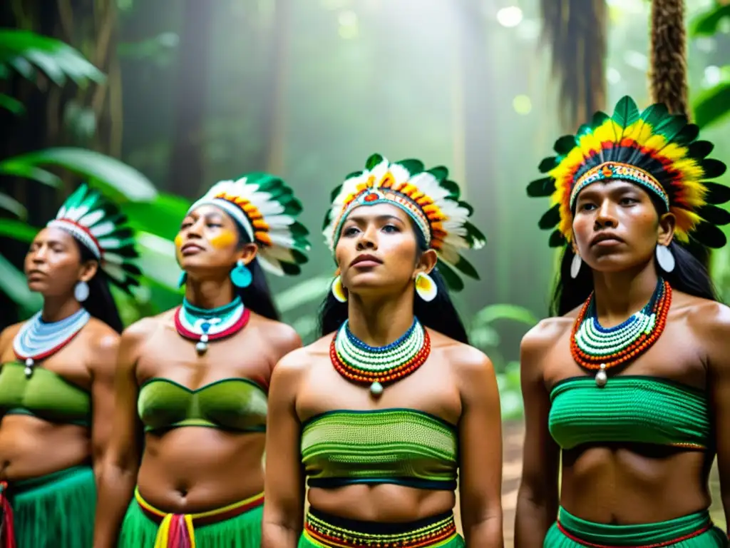 Grupo de mujeres indígenas amazónicas danzando en un ritual de fertilidad con trajes tradicionales vibrantes, en la exuberante selva