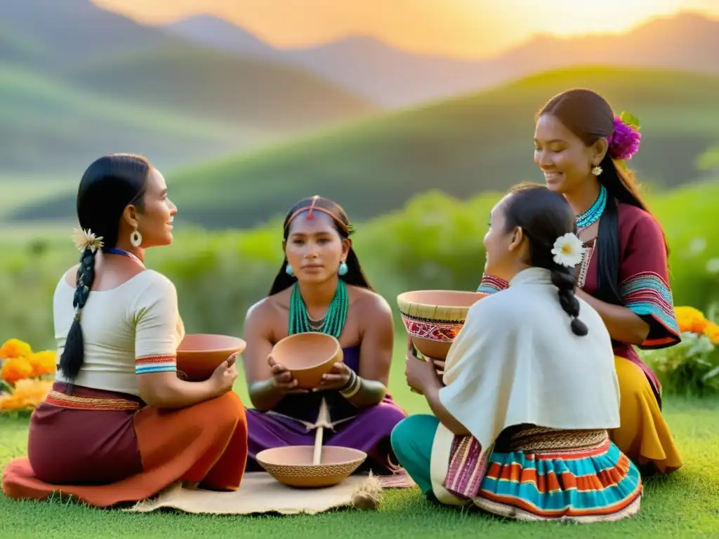 Grupo de mujeres indígenas en un campo verde exuberante con Dispositivos y herramientas rituales de fertilidad, rodeadas de flores vibrantes y el resplandor suave del atardecer, creando una atmósfera serena y mística