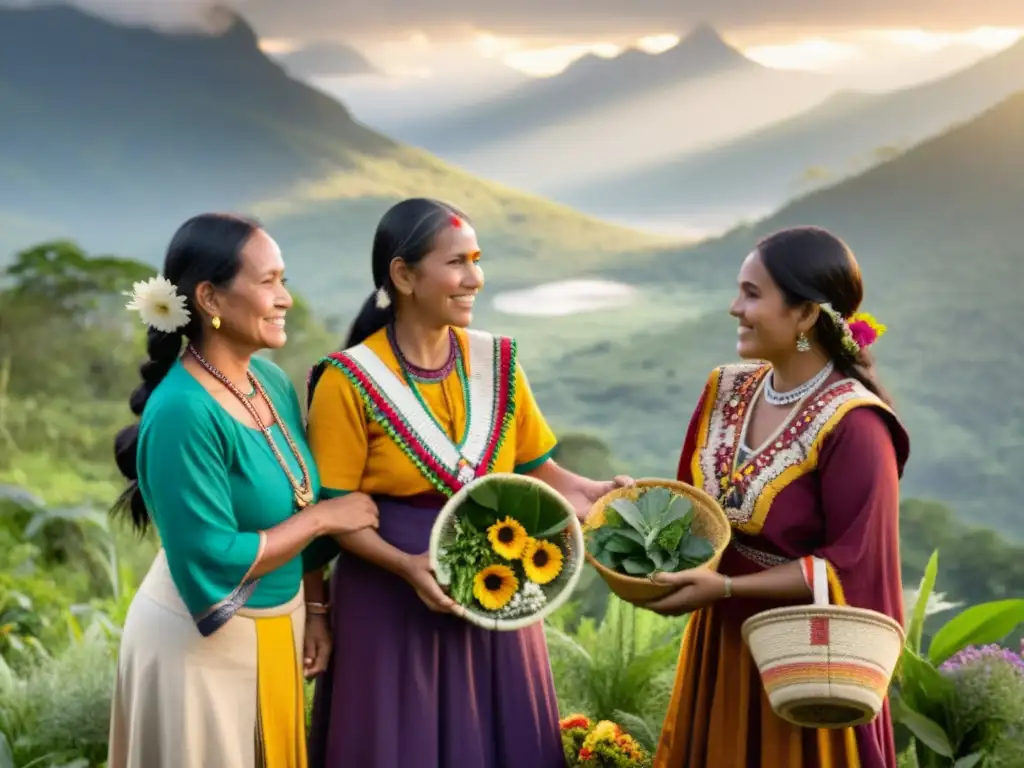 Un grupo de mujeres indígenas se reúnen en un círculo, unidas en determinación y solidaridad, rodeadas de naturaleza y montañas