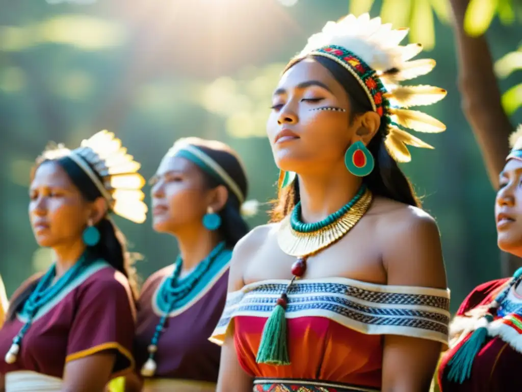 Grupo de mujeres indígenas en círculo, cantando y vistiendo trajes tradicionales en un taller de canto en rituales ancestrales