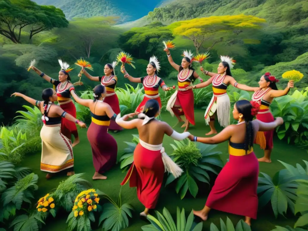 Grupo de mujeres indígenas danzando en un claro soleado, celebrando rituales de fertilidad en antropología