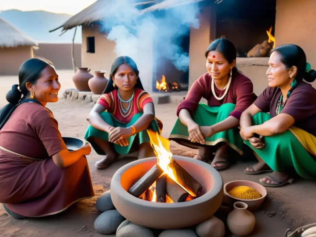 Grupo de mujeres indígenas cocinando en cocina sagrada rituales ancestrales, con ingredientes vibrantes y utensilios tradicionales