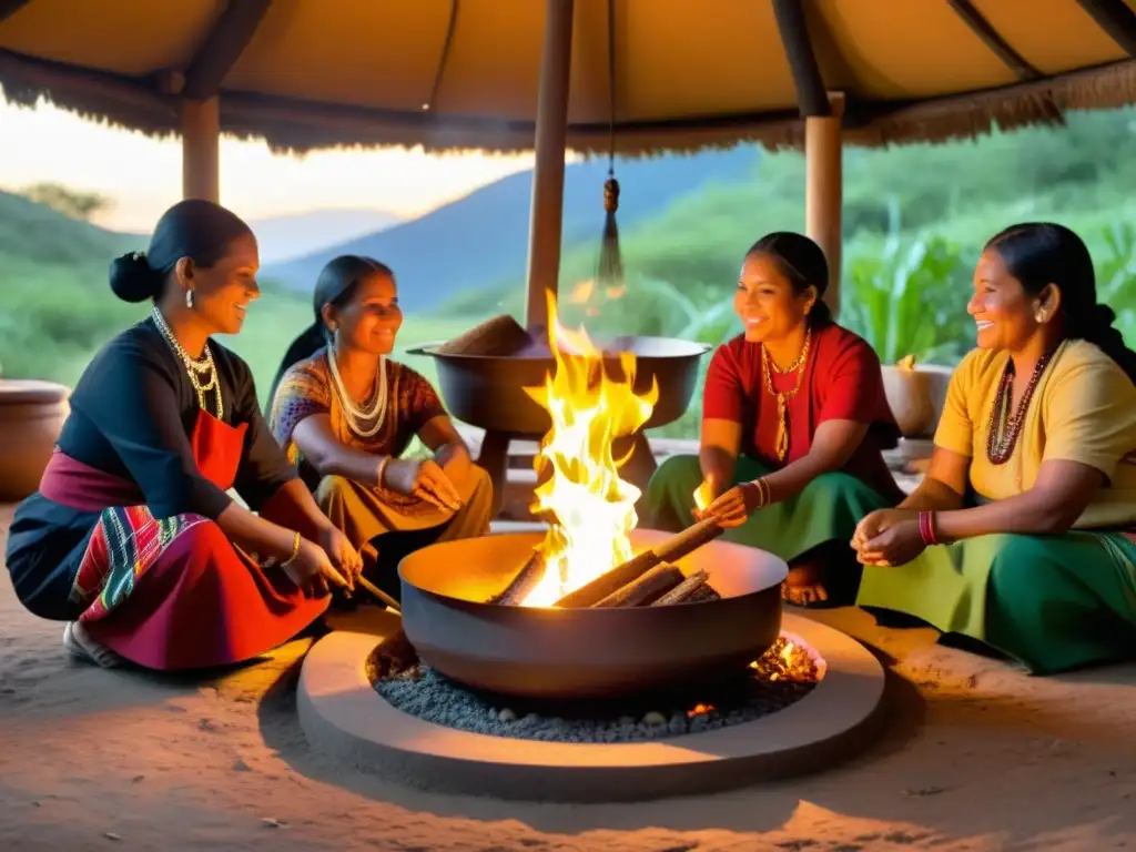 Grupo de mujeres indígenas preparando una cocina sagrada rituales ancestrales en un ambiente cálido y espiritual con fuego y especias