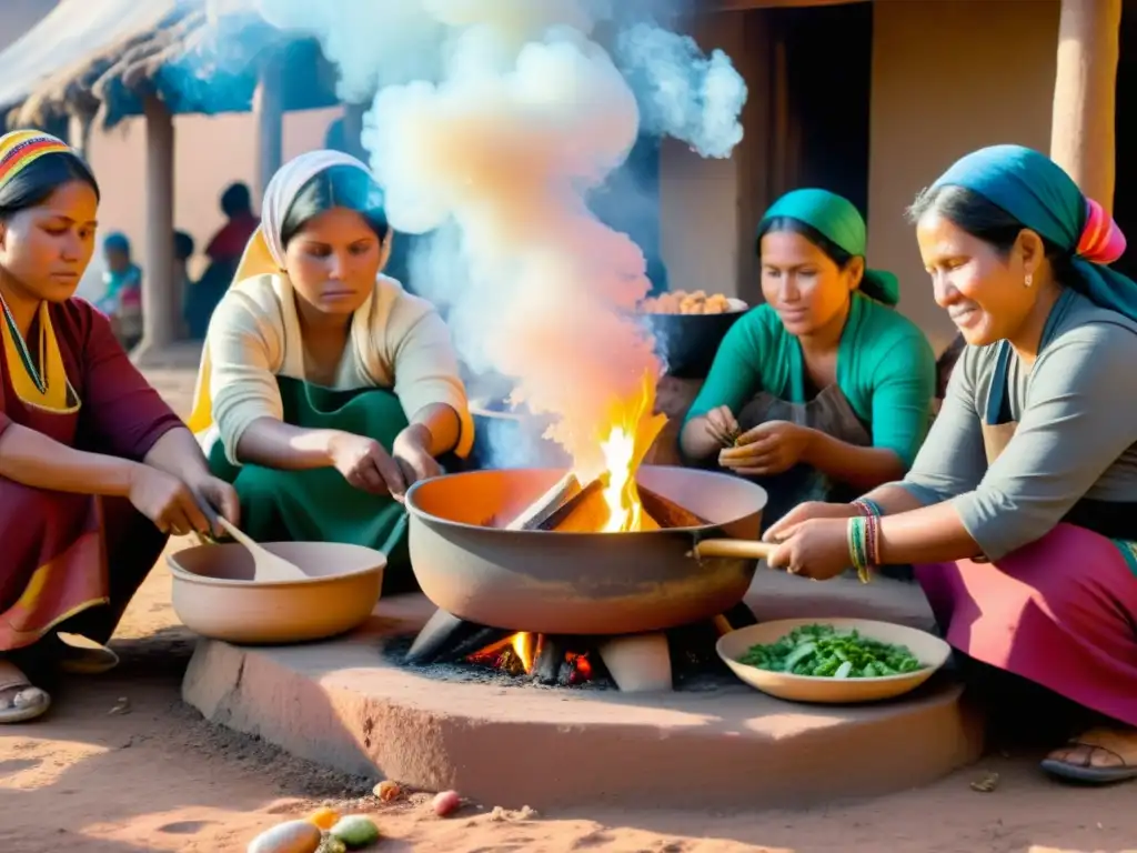 Grupo de mujeres indígenas preparando cocina sagrada rituales ancestrales alrededor de la fogata, entre montañas y vegetación exuberante