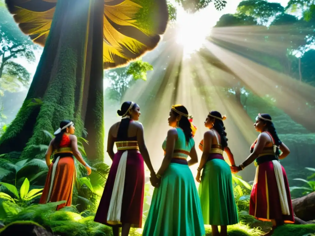 Grupo de mujeres indígenas en danza ceremonial en el bosque, honrando la fertilidad y la naturaleza