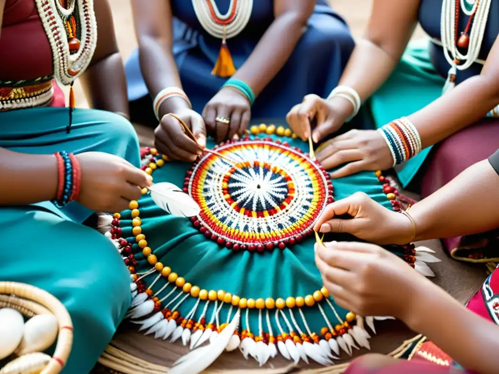 Un grupo de mujeres indígenas creando decoraciones específicas para rituales de paso, rodeadas de textiles vibrantes y materiales naturales