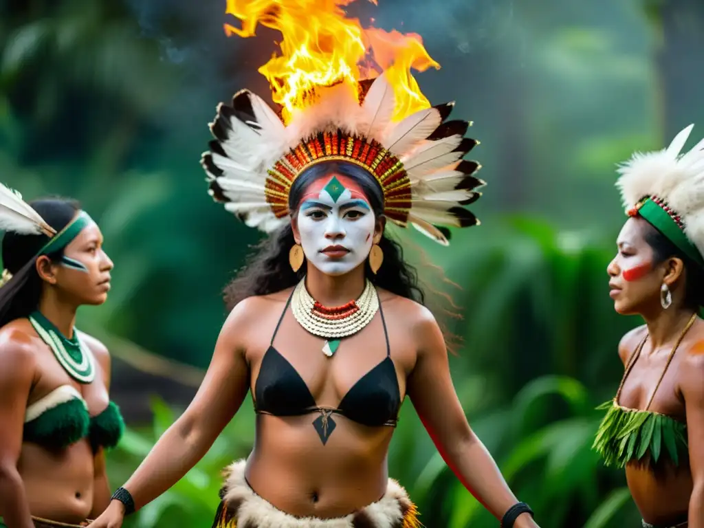 Grupo de mujeres indígenas danzando alrededor de una fogata en un ritual de fertilidad en la Amazonía, con atuendos tradicionales y pinturas corporales vibrantes