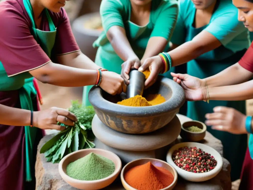 Un grupo de mujeres indígenas preparando recetas rituales indígenas en un mortero de piedra, con colores y movimientos hipnóticos