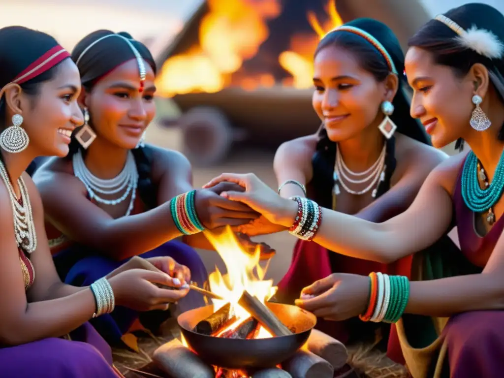 Grupo de mujeres indígenas reunidas alrededor de un fuego ceremonial, con joyería y vestimenta tradicional, capturando el significado de la joyería en rituales culturales