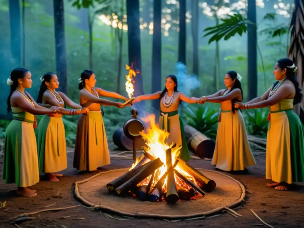 Grupo de mujeres indígenas realizando un ritual de danza alrededor de una fogata en el bosque