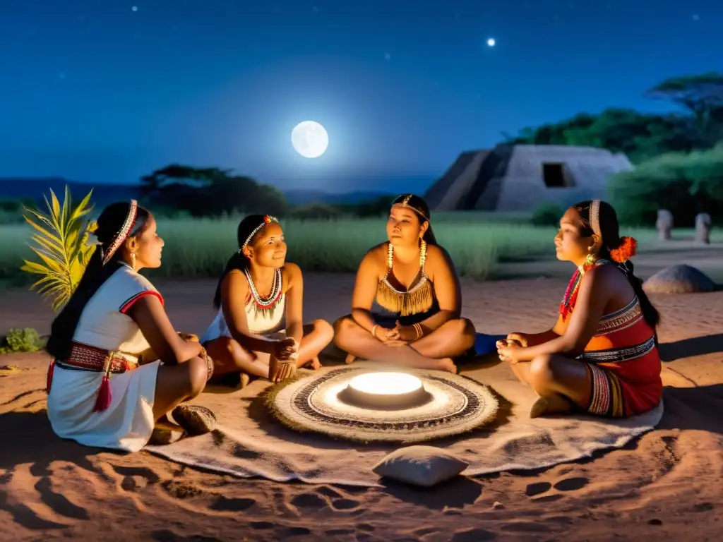 Grupo de mujeres indígenas participando en un ritual de la Luna, transmitiendo una atmósfera de reverencia y empoderamiento