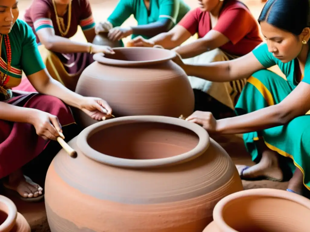 Grupo de mujeres indígenas en rituales de fermentación, atendiendo grandes ollas de arcilla con ingredientes fermentados