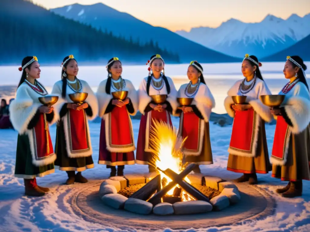 Grupo de mujeres indígenas siberianas realizando rituales de nacimiento alrededor del fuego, vestidas con trajes tradicionales coloridos