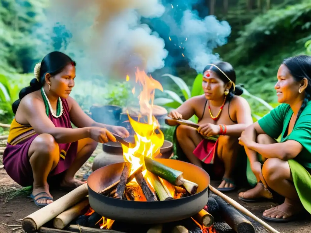 Grupo de mujeres indígenas cocinando con técnicas ancestrales en rituales en un bosque frondoso