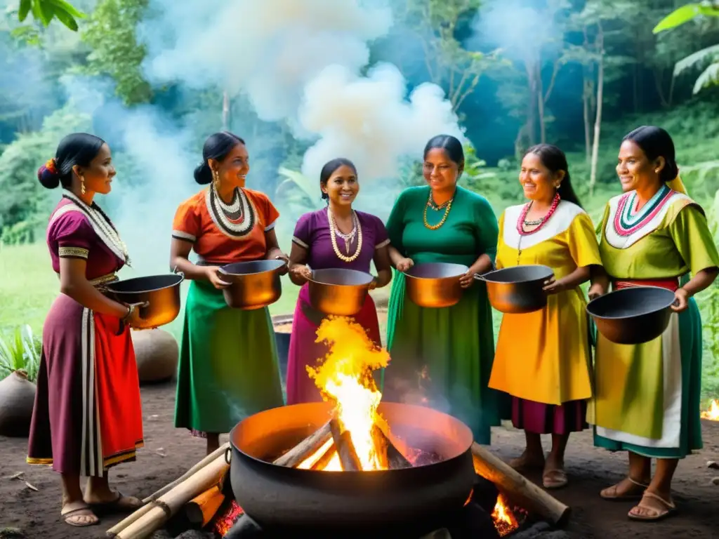 Un grupo de mujeres indígenas en vestimenta tradicional, cocinando en un fogón al aire libre en el bosque