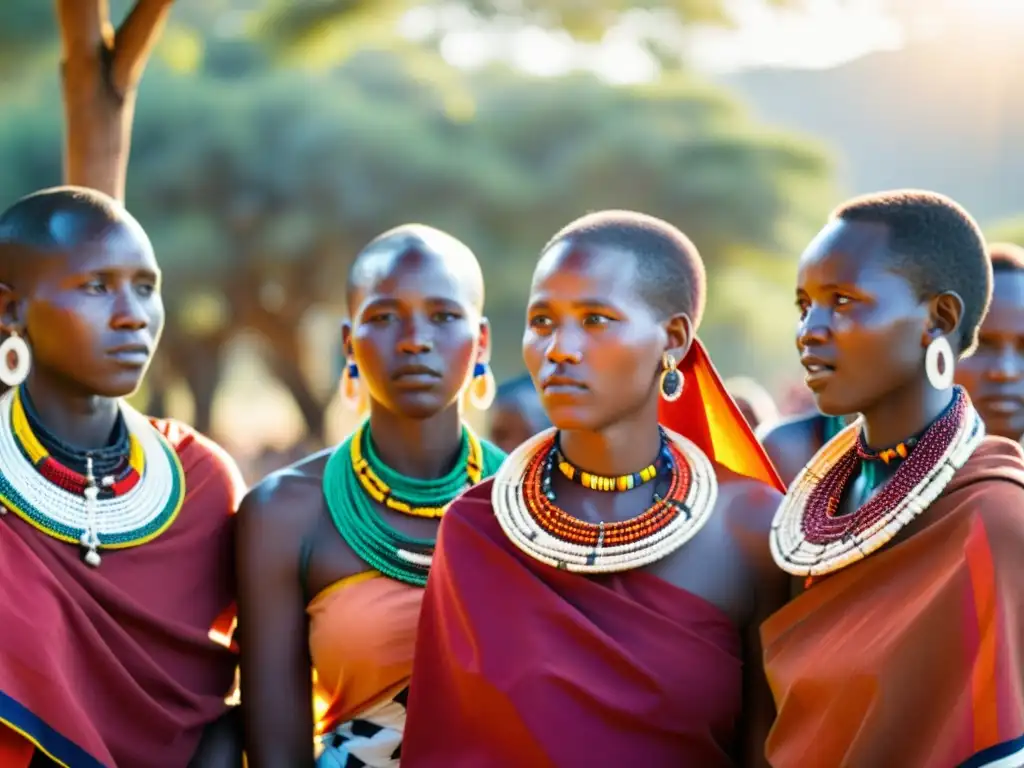 Grupo de mujeres Maasai danzando en ritos de iniciación tribu Maasai, con atuendos coloridos bajo la luz cálida del sol en la sabana