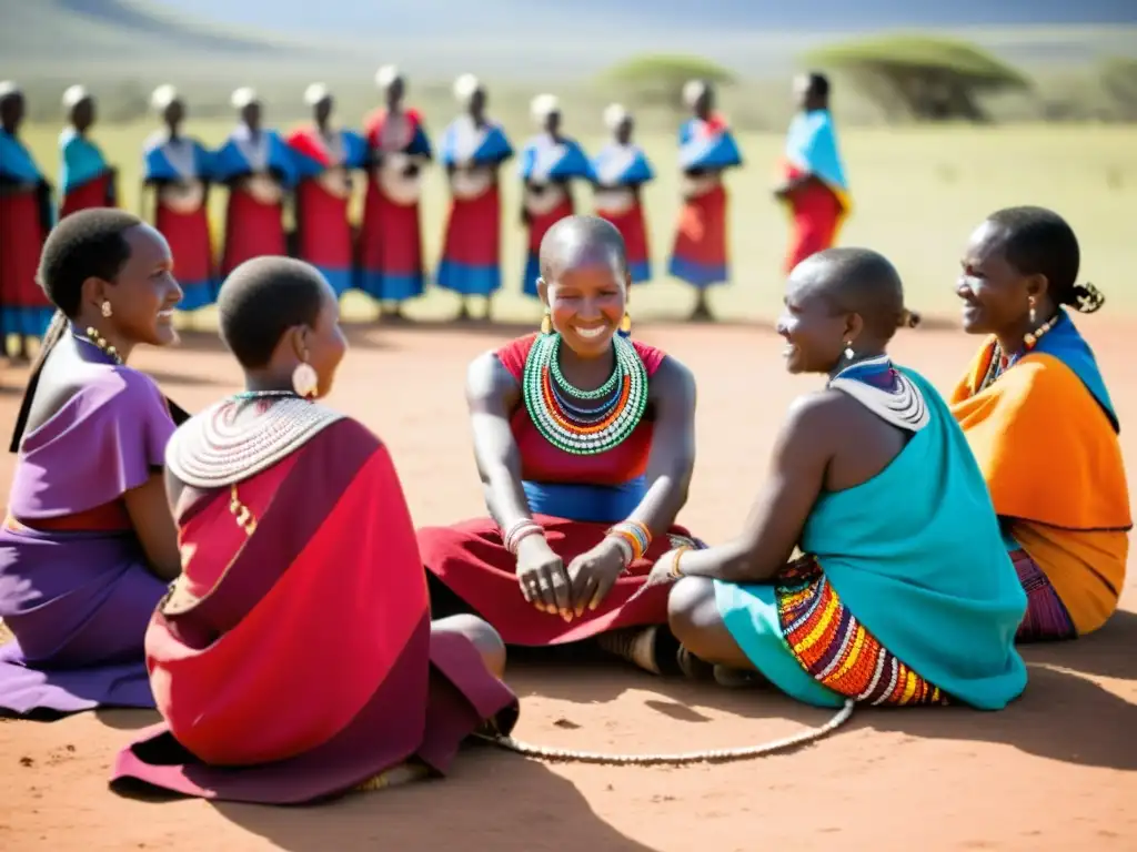 Grupo de mujeres Maasai bailando en rituales de bodas africanas, con joyería y vestimenta colorida, expresando alegría y tradición cultural